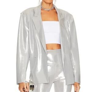 NORMA KAMALI Single Breast Straight Fit Jacket Blazer Silver Metallic Sz M {3K6}